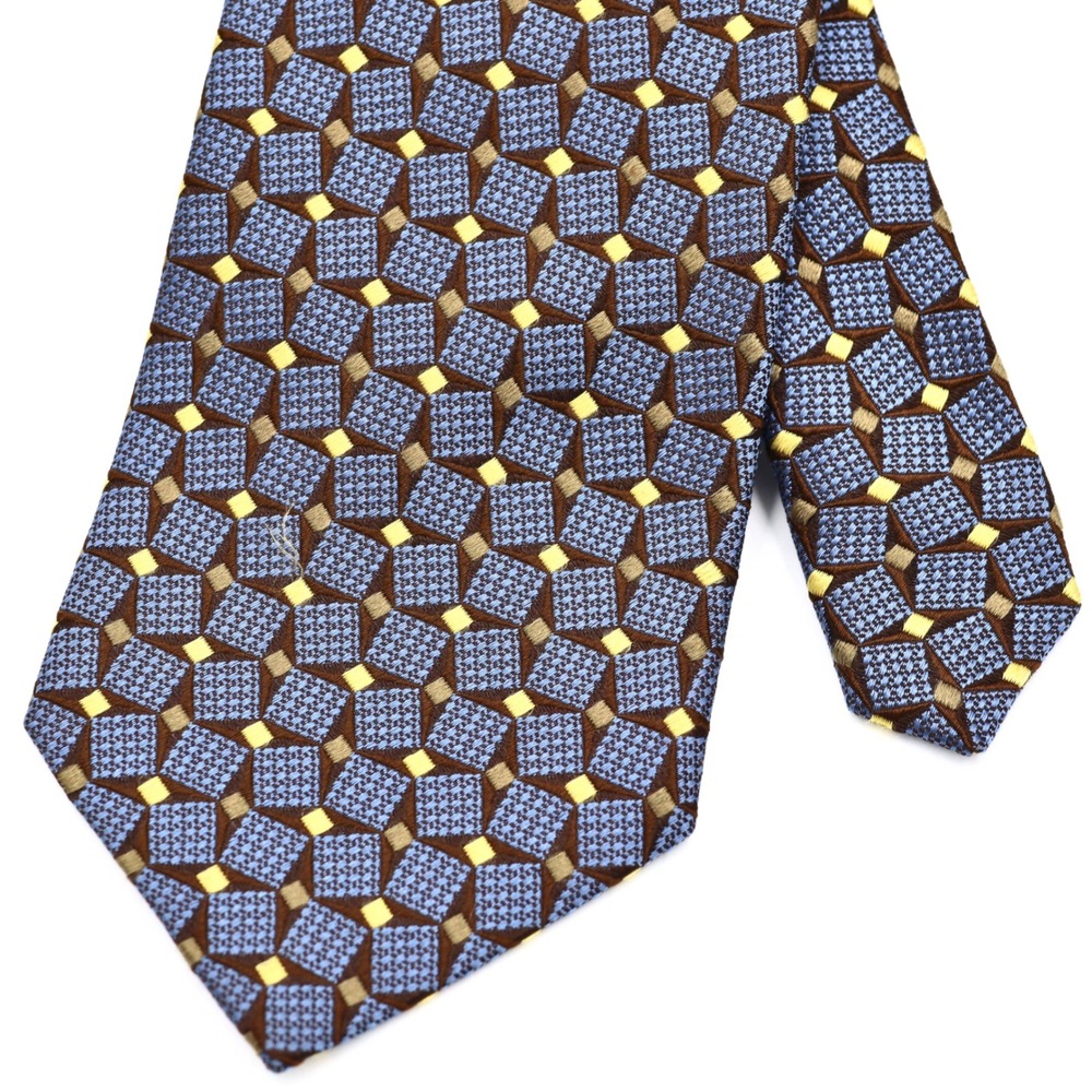 Ermenegildo Zegna Silk Tie Blue‎ Brown Yellow Geometric Diamond Pattern Italy
